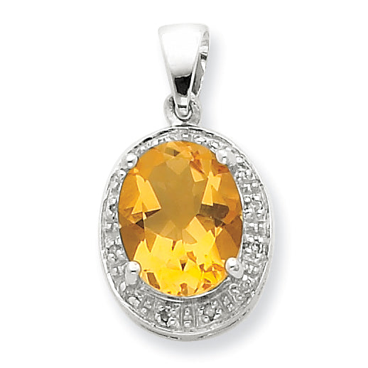 Sterling Silver Rhodium Citrine & Diamond Pendant