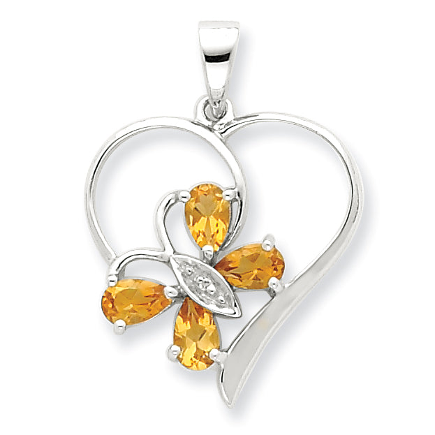 Sterling Silver Rhodium Citrine & Diamond Butterfly Heart Pendant