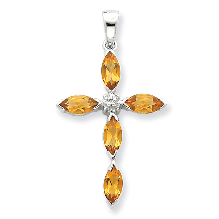 Sterling Silver Rhodium Citrine & Diamond Cross Pendant