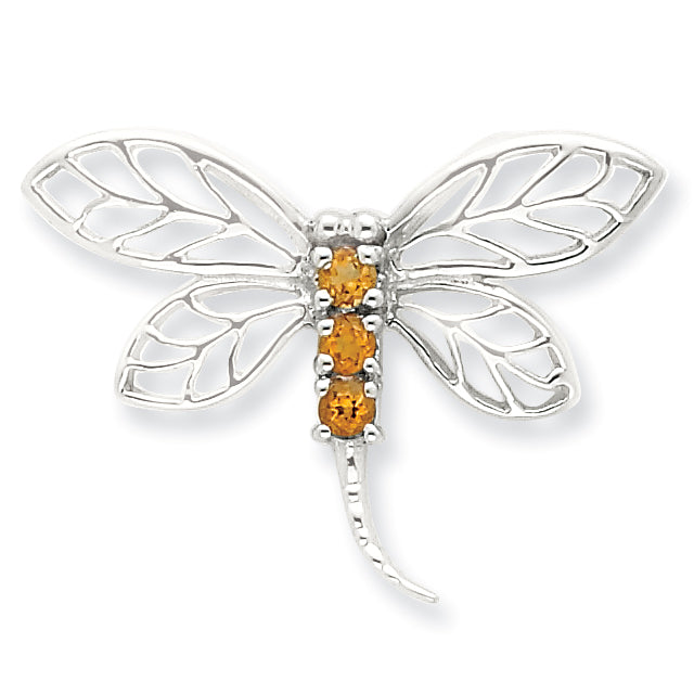 Sterling Silver Rhodium Citrine Dragonfly Pendant