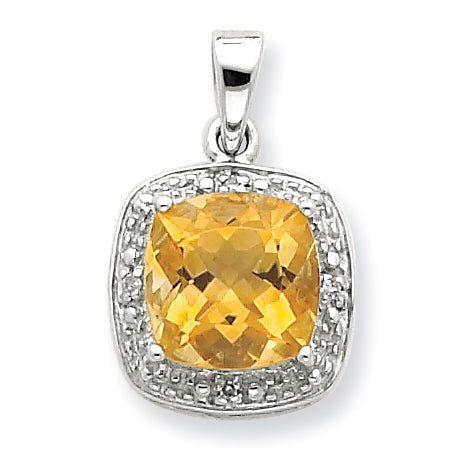 Sterling Silver Rhodium Citrine & Diamond Pendant