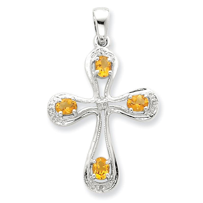 Sterling Silver Rhodium Citrine & Diamond Cross Pendant