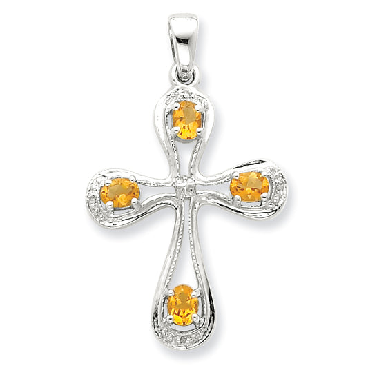 Sterling Silver Rhodium Citrine & Diamond Cross Pendant