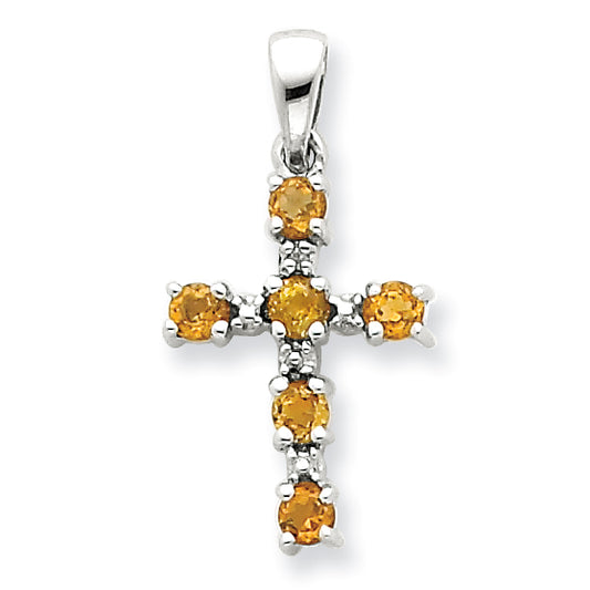 Sterling Silver Rhodium Citrine & Diamond Cross Pendant