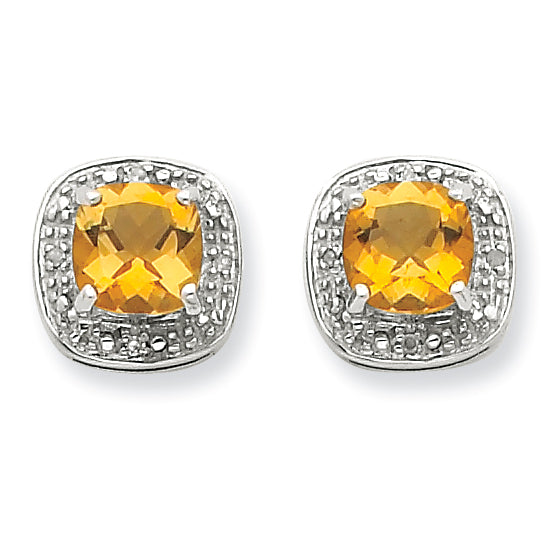 Sterling Silver Rhodium Citrine & Diamond Post Earrings