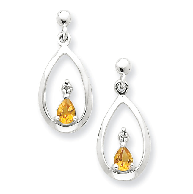 Sterling Silver Rhodium Pear Citrine & Diamond Post Earrings