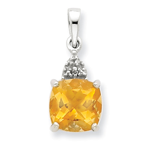 Sterling Silver Rhodium Citrine & Diamond Pendant