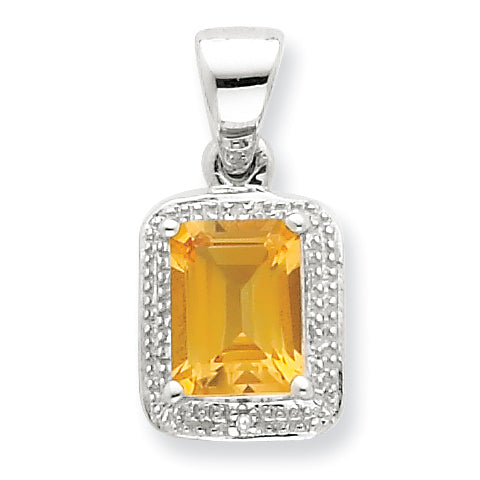 Sterling Silver Rhodium Emerald-cut Citrine & Diamond Pendant