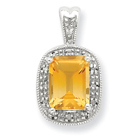 Sterling Silver Rhodium Citrine & Diamond Pendant