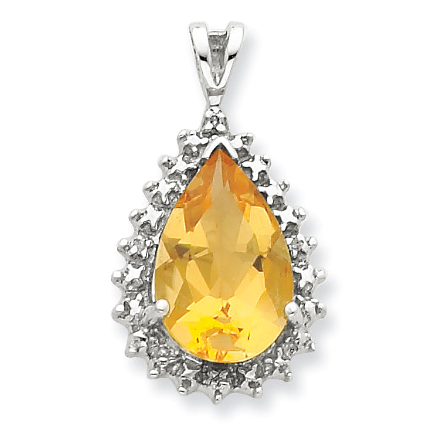 Sterling Silver Rhodium Citrine & Diamond Pear Pendant