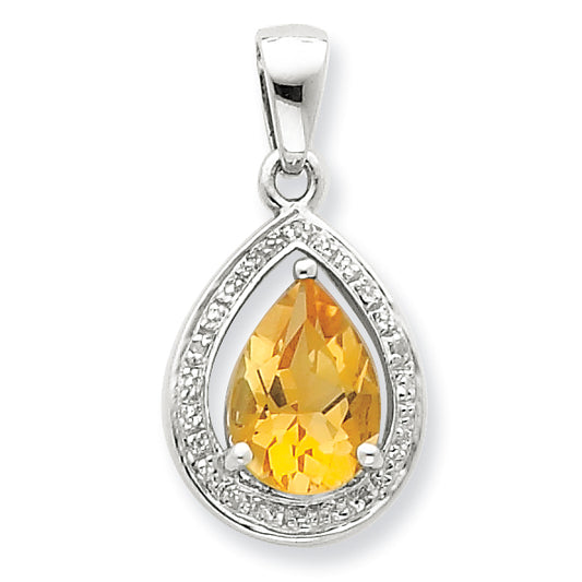 Sterling Silver Rhodium Citrine & Diamond Pendant