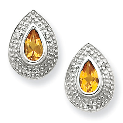 Sterling Silver Rhodium Citrine & Diamond Post Earrings