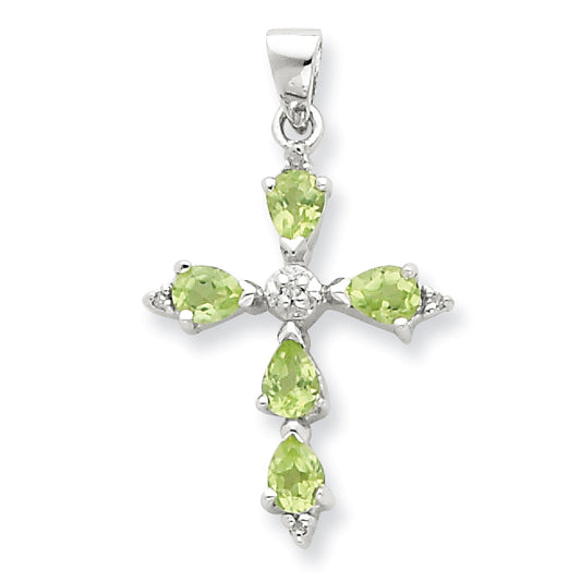 Sterling Silver Rhodium Pear Peridot Cross Pendant