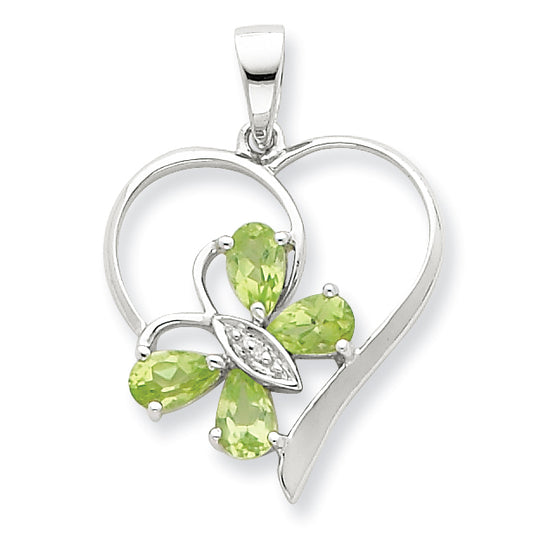 Sterling Silver Rhodium Peridot & Diamond Butterfly Heart Pendant