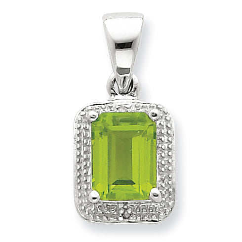 Sterling Silver Rhodium Emerald-cut Peridot & Diamond Pendant