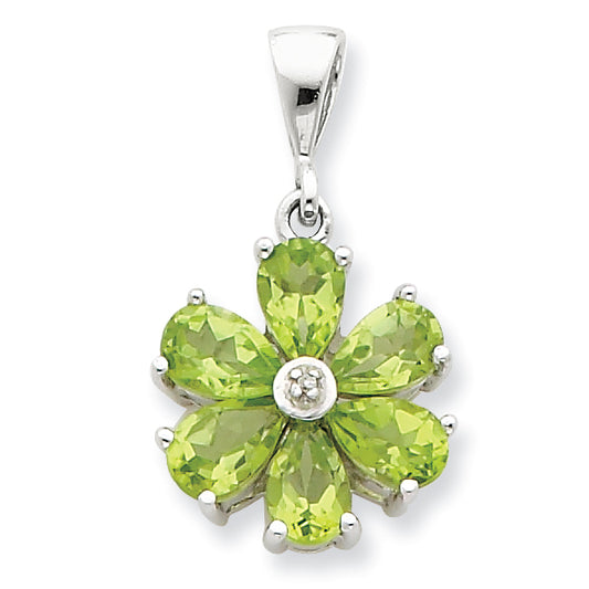 Sterling Silver Rhodium Peridot & Diamond Flower Pendant