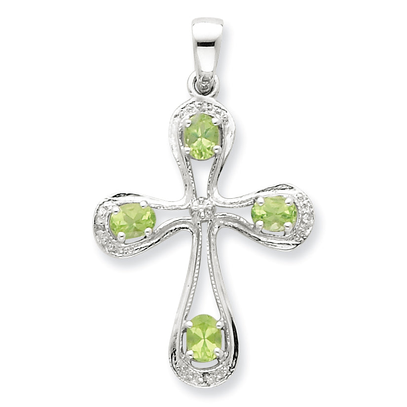 Sterling Silver Rhodium Peridot & Diamond Cross Pendant