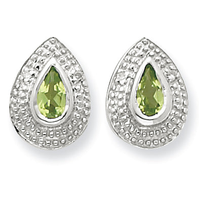 Sterling Silver Rhodium Peridot & Diamond Post Earrings