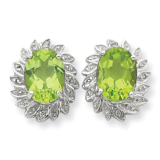 Sterling Silver Rhodium Peridot & Diamond Post Earrings