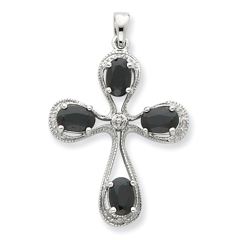 Sterling Silver Rhodium Dark Sapphire & Diamond Cross Pendant