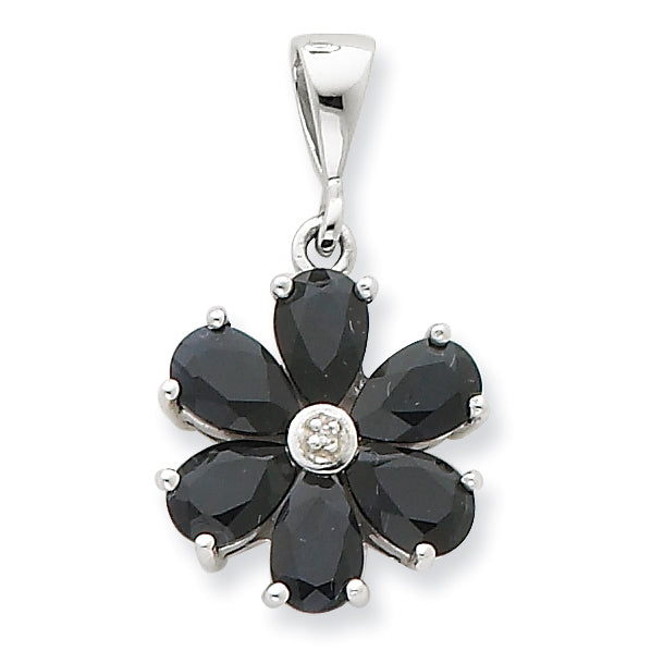 Sterling Silver Rhodium Dark Sapphire & Diamond Flower Pendant