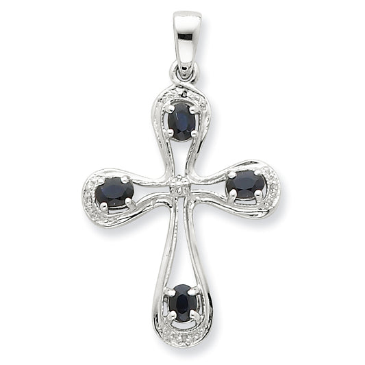 Sterling Silver Rhodium Dark Sapphire & Diamond Cross Pendant