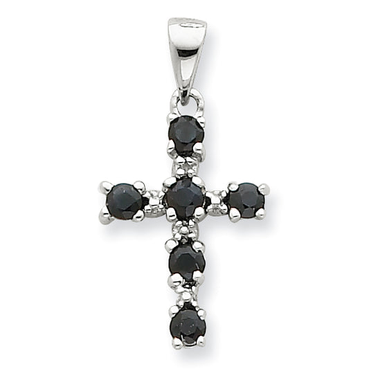 Sterling Silver Rhodium Dark Sapphire & Diamond Cross Pendant