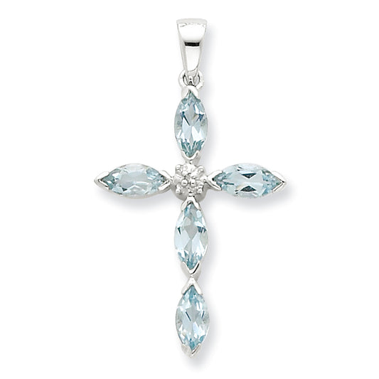 Sterling Silver Rhodium Aqua & Diamond Cross Pendant