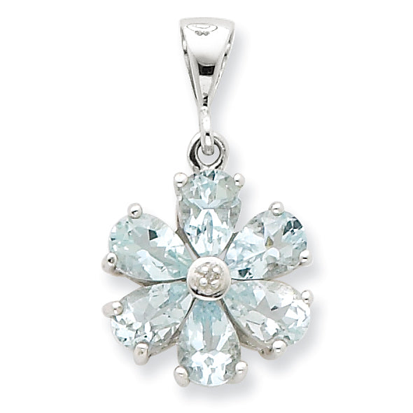 Sterling Silver Rhodium Aqua & Diamond Flower Pendant