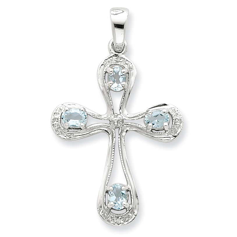 Sterling Silver Rhodium Aqua & Diamond Cross Pendant