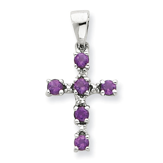 Sterling Silver Rhodium Amethyst & Diamond Cross Pendant