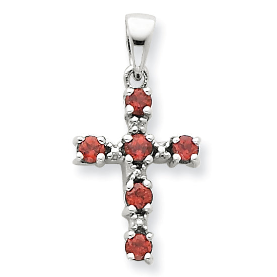 Sterling Silver Rhodium Garnet & Diamond Cross Pendant