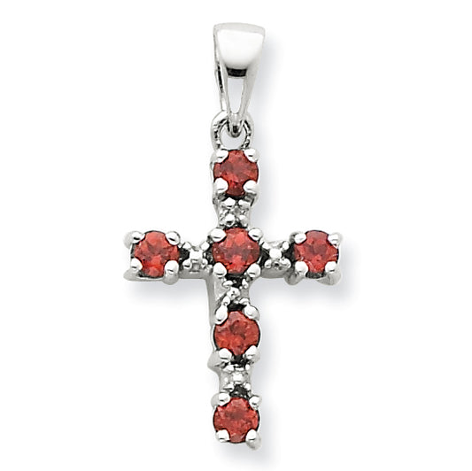 Sterling Silver Rhodium Garnet & Diamond Cross Pendant