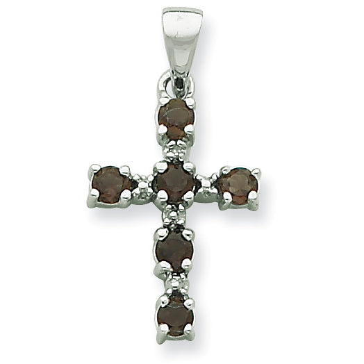 Sterling Silver Rhodium Smokey Quartz & Diamond Cross Pendant