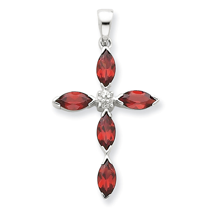 Sterling Silver Rhodium Garnet & Diamond Cross Pendant