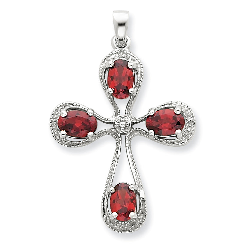 Sterling Silver Rhodium Garnet & Diamond Cross Pendant