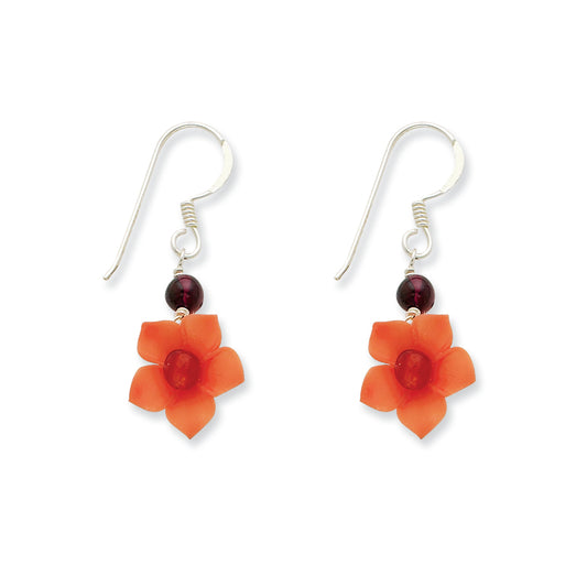 Sterling Silver Garnet Bead & Carnelian Dangle Flower Earrings