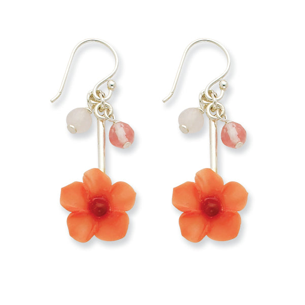 Sterling Silver Rose/Cherry Quartz & Carnelian Dangle Flower Earrings