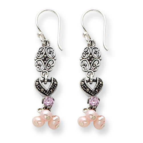 Sterling Silver Pink FW Cultured Pearl/Crystal/Marcasite Dangle Earring