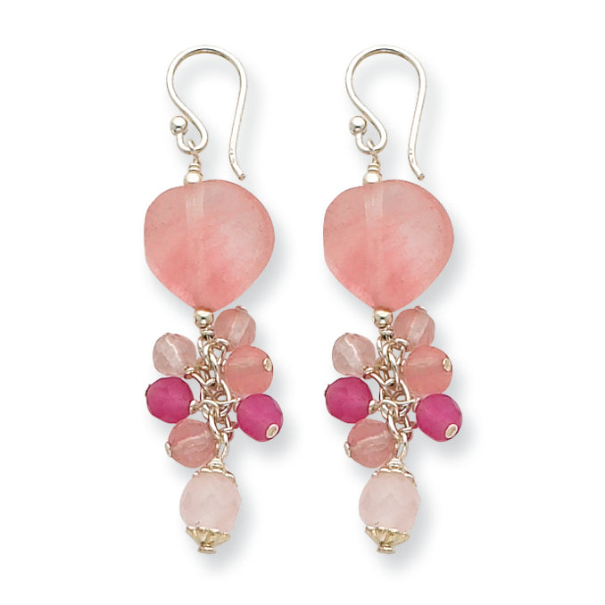 Sterling Silver Rose/Strawberry/Cherry Quartz Heart Dangle Earrings