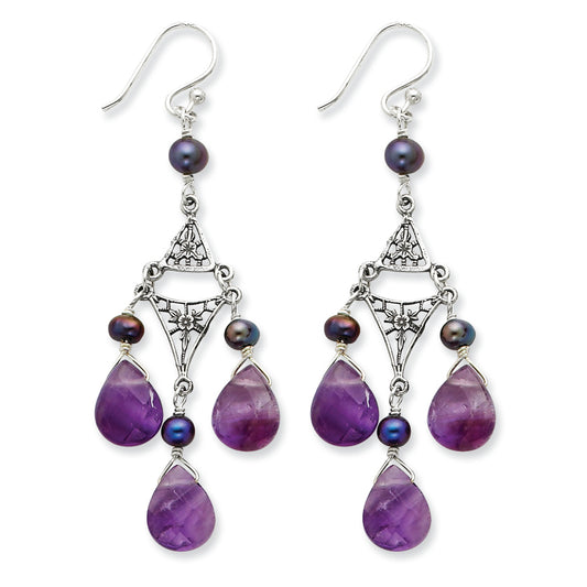 Sterling Silver Amethyst & Peacock Cultured Pearl Earrings