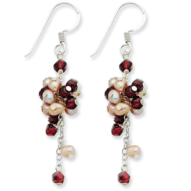 Sterling Silver Peach Freshwater Cultured Pearl & Garnet Dangle Earrings