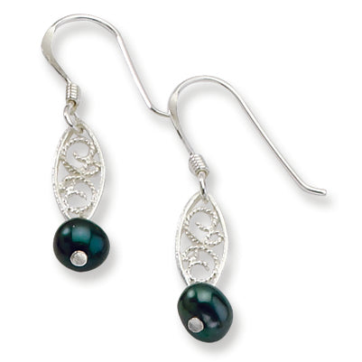 Sterling Silver Filigree & Green Freshwater Cultured Pearl Earrings