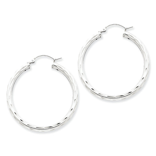 Sterling Silver Diamond-cut Satin Polished Hoop Earrings