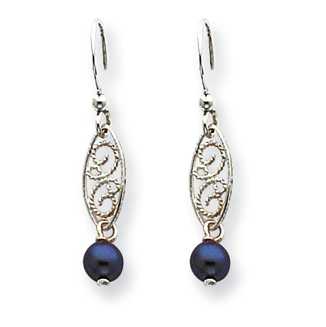 Sterling Silver Black Cultured Pearl Filigree Dangle Earrings