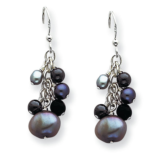 Sterling Silver Gray Cultured Pearls & Onyx Dangle Earrings