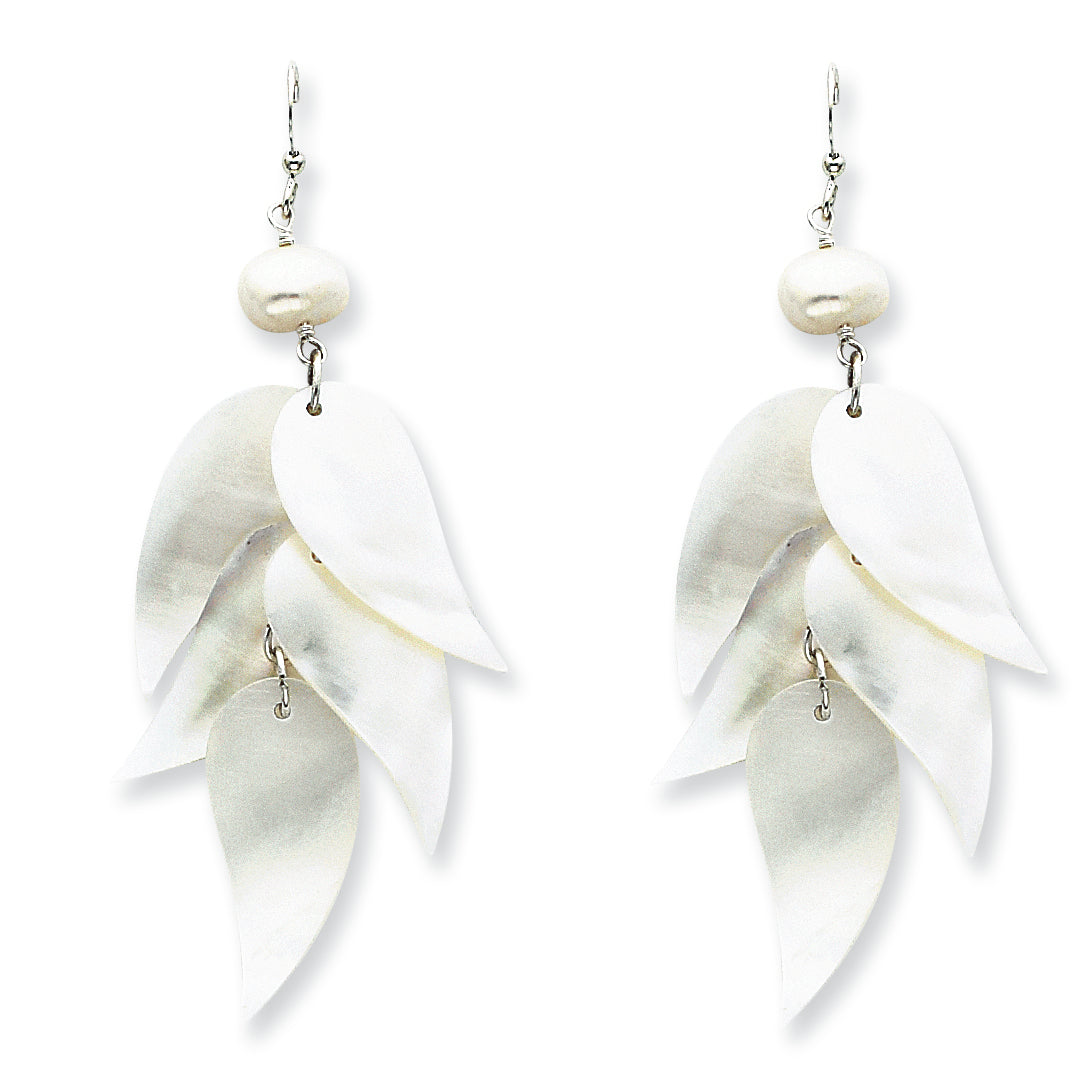 Sterling Silver White Cultured Pearl & MOP Leaf Dangle Earrings