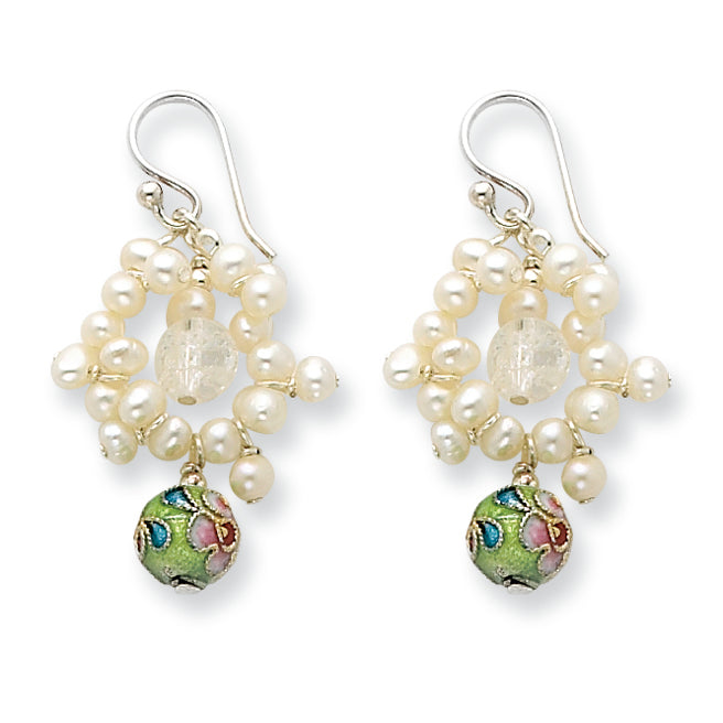 Sterling Silver Cloisonite Bead/Crystal/White FW Cultured Pearl Earrings