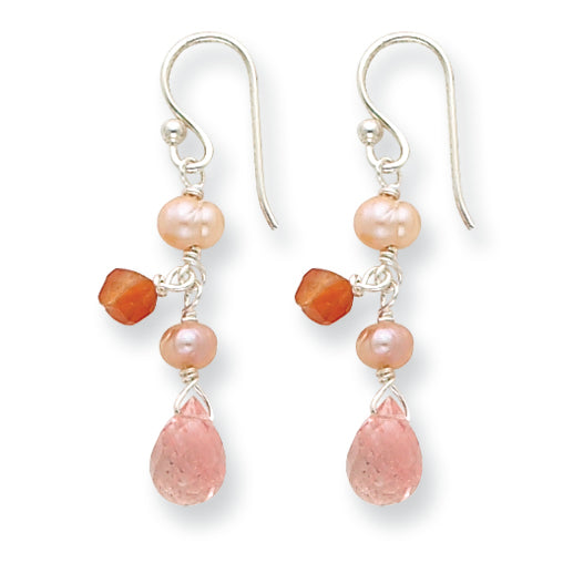 Sterling Silver Carnelian/Rose Quartz/Freshwater Cultured Pearl Earrings