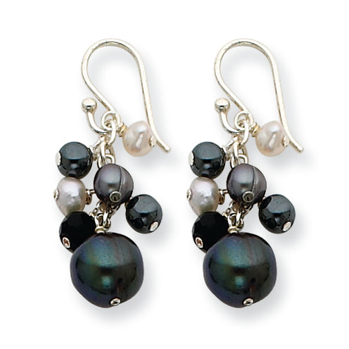 Sterling Silver Crystal/Hematite/FW Cult Peacock & White Pearl Earrings